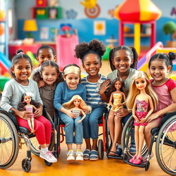 A joyful scene featuring real little girls and boys with disabilities, showcasing their determination and spirit