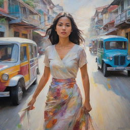 In an Impressionistic style, depict a Filipina woman in characteristic loose brushwork and light colors. She's surrounded by swirling representations of the Philippine archipelago, a jeepney, and a sunbird, all rendered through the fleeting impression of light and color.