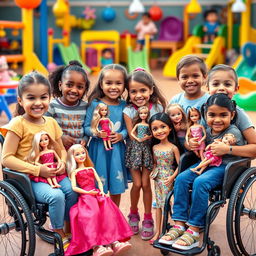 A joyful scene featuring real little girls and boys with disabilities, showcasing their determination and spirit