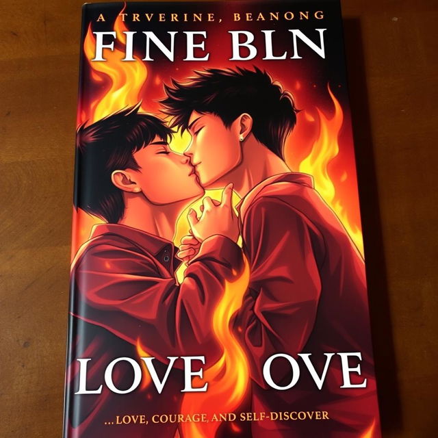 An eye-catching book cover showcasing three Asian teenage boys passionately kissing in the midst of a dazzling fire