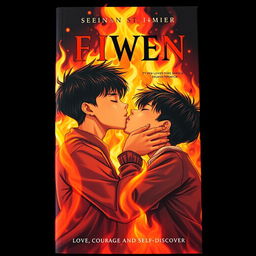 An eye-catching book cover showcasing three Asian teenage boys passionately kissing in the midst of a dazzling fire