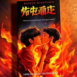 An eye-catching book cover showcasing three Asian teenage boys passionately kissing in the midst of a dazzling fire