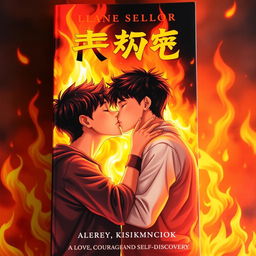 An eye-catching book cover showcasing three Asian teenage boys passionately kissing in the midst of a dazzling fire