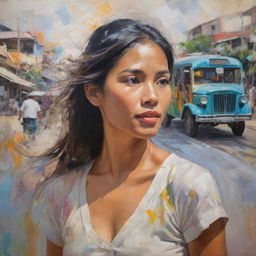 In an Impressionistic style, depict a Filipina woman in characteristic loose brushwork and light colors. She's surrounded by swirling representations of the Philippine archipelago, a jeepney, and a sunbird, all rendered through the fleeting impression of light and color.