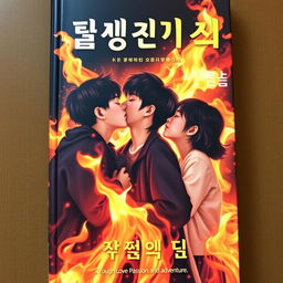 A captivating book cover that features three Korean teenagers sharing a passionate kiss amidst a backdrop of vibrant, swirling flames