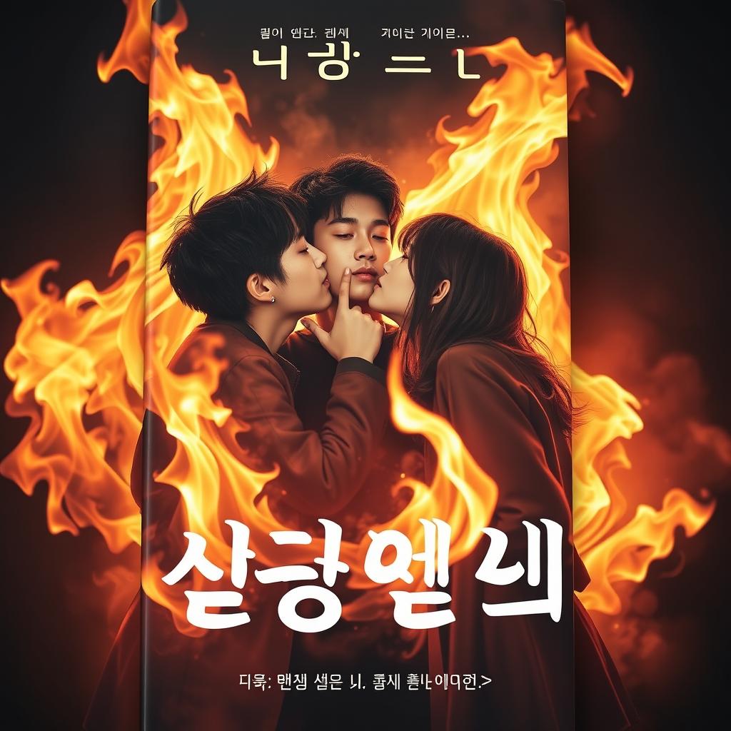 A captivating book cover that features three Korean teenagers sharing a passionate kiss amidst a backdrop of vibrant, swirling flames