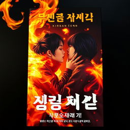 A captivating book cover that features three Korean teenagers sharing a passionate kiss amidst a backdrop of vibrant, swirling flames