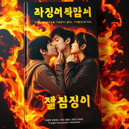 A captivating book cover that features three Korean teenagers sharing a passionate kiss amidst a backdrop of vibrant, swirling flames