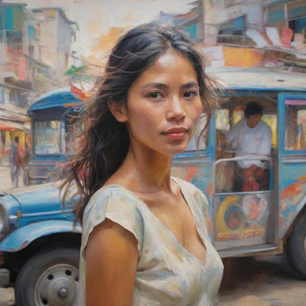 In an Impressionistic style, depict a Filipina woman in characteristic loose brushwork and light colors. She's surrounded by swirling representations of the Philippine archipelago, a jeepney, and a sunbird, all rendered through the fleeting impression of light and color.