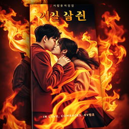 A visually striking book cover featuring three Korean teenagers embracing and kissing passionately among a backdrop of vibrant, swirling flames