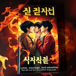 A visually striking book cover featuring three Korean teenagers embracing and kissing passionately among a backdrop of vibrant, swirling flames