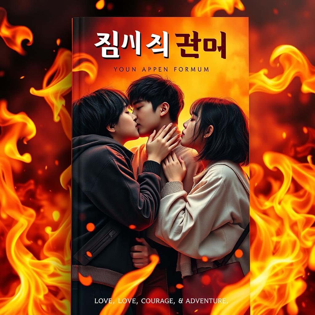 A visually striking book cover featuring three Korean teenagers embracing and kissing passionately among a backdrop of vibrant, swirling flames