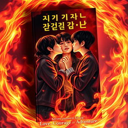 A visually striking book cover featuring three Korean teenagers embracing and kissing passionately among a backdrop of vibrant, swirling flames