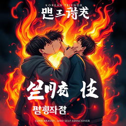 A striking book cover featuring three Korean teenage boys passionately kissing in the midst of vibrant, swirling flames