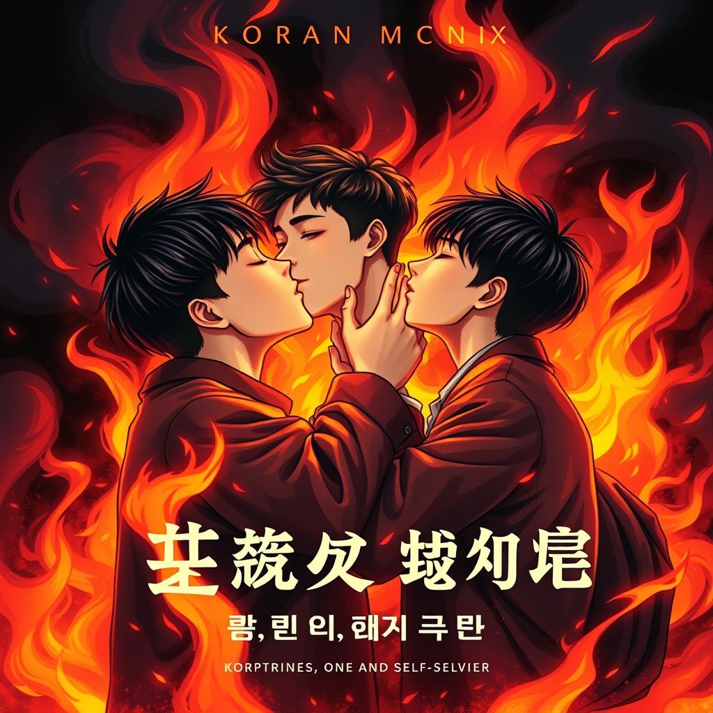 A striking book cover featuring three Korean teenage boys passionately kissing in the midst of vibrant, swirling flames