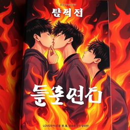 A striking book cover featuring three Korean teenage boys passionately kissing in the midst of vibrant, swirling flames