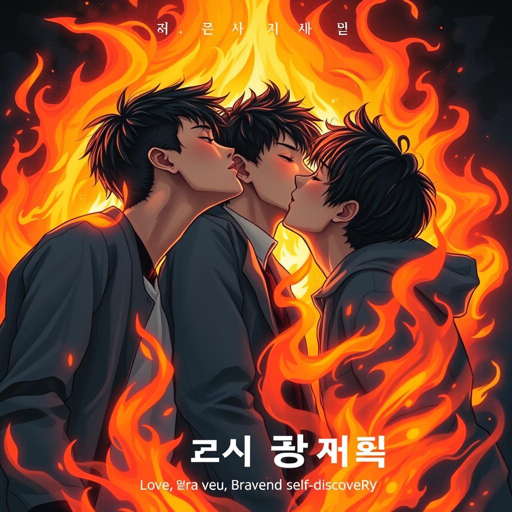 A striking book cover featuring three Korean teenage boys passionately kissing in the midst of vibrant, swirling flames