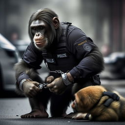 A thrilling action scene of a tactically trained chimp, wearing minimal gear, skillfully handcuffing a human suspect, with police dogs nearby