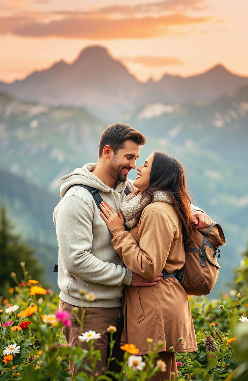 A romantic scene depicting love in the mountains, inspired by the style of Kairos Vion