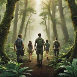 A high-definition, environmental poster with modern, back-facing individuals, acting as guardians. Focus on the expanded natural environment, exceptionally green and lush with rich plant life emanating sublime vibrancy and health, underlining the importance of ecosystem preservation.