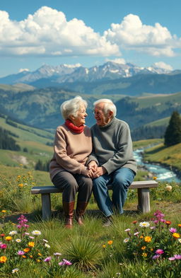 A touching scene depicting a loving elderly couple, representing grandparents, in a serene mountain setting