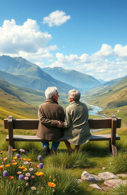 A touching scene depicting a loving elderly couple, representing grandparents, in a serene mountain setting