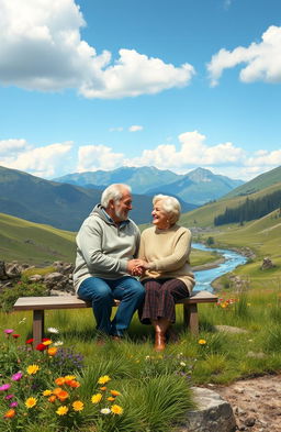 A touching scene depicting a loving elderly couple, representing grandparents, in a serene mountain setting