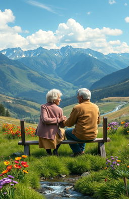 A touching scene depicting a loving elderly couple, representing grandparents, in a serene mountain setting