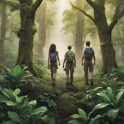 A high-definition, environmental poster with modern, back-facing individuals, acting as guardians. Focus on the expanded natural environment, exceptionally green and lush with rich plant life emanating sublime vibrancy and health, underlining the importance of ecosystem preservation.