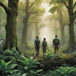 A high-definition, environmental poster with modern, back-facing individuals, acting as guardians. Focus on the expanded natural environment, exceptionally green and lush with rich plant life emanating sublime vibrancy and health, underlining the importance of ecosystem preservation.