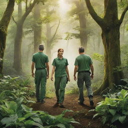 A high-definition, environmental poster with modern, back-facing individuals, acting as guardians. Focus on the expanded natural environment, exceptionally green and lush with rich plant life emanating sublime vibrancy and health, underlining the importance of ecosystem preservation.