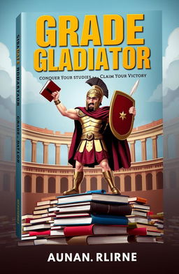 A captivating and motivational book cover for the title "Grade Gladiator: Conquer Your Studies, Claim Your Victory"