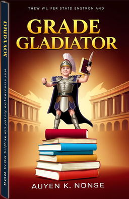 A captivating and motivational book cover for the title "Grade Gladiator: Conquer Your Studies, Claim Your Victory"