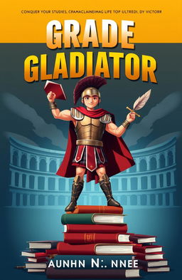 A captivating and motivational book cover for the title "Grade Gladiator: Conquer Your Studies, Claim Your Victory"