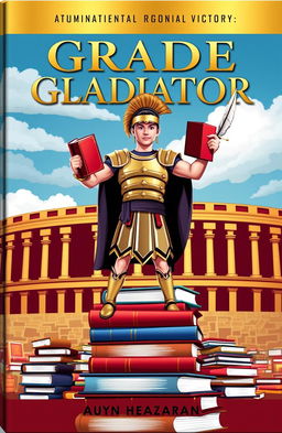 A captivating and motivational book cover for the title "Grade Gladiator: Conquer Your Studies, Claim Your Victory"