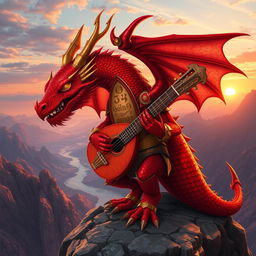 A fierce and striking red dragon bard, adorned in vibrant red and gold armor, holding a lute made of intricate scales