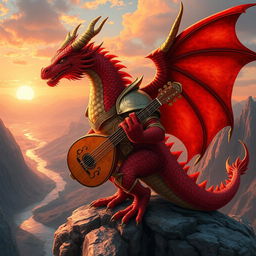 A fierce and striking red dragon bard, adorned in vibrant red and gold armor, holding a lute made of intricate scales