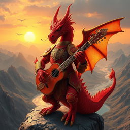 A fierce and striking red dragon bard, adorned in vibrant red and gold armor, holding a lute made of intricate scales