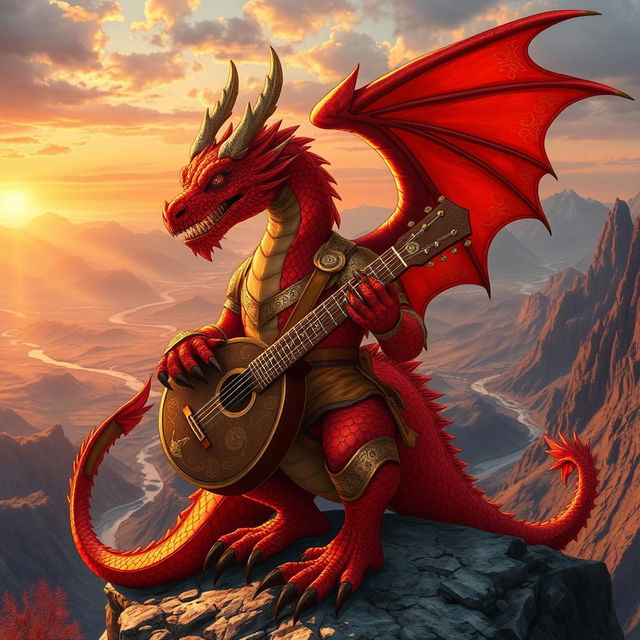 A fierce and striking red dragon bard, adorned in vibrant red and gold armor, holding a lute made of intricate scales