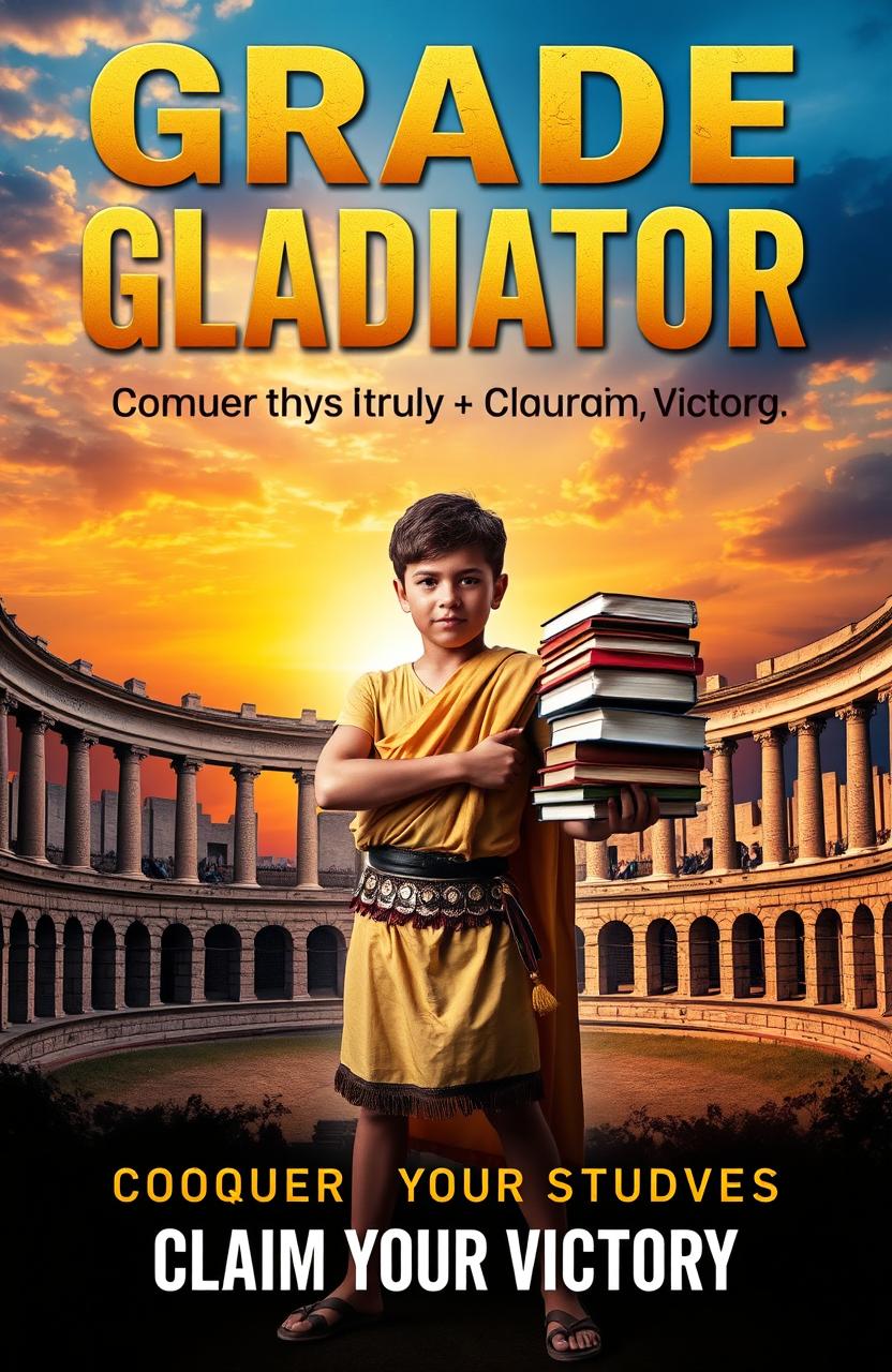 A striking book cover design for 'Grade Gladiator: Conquer Your Studies, Claim Your Victory'