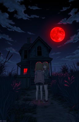 A haunting scene set at night with an eerie, abandoned house illuminated by a dark red moonlight