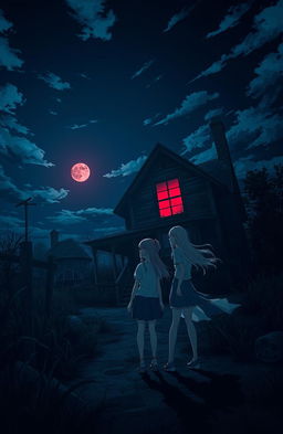 A haunting scene set at night with an eerie, abandoned house illuminated by a dark red moonlight