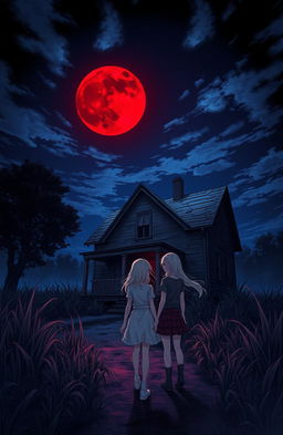 A haunting scene set at night with an eerie, abandoned house illuminated by a dark red moonlight