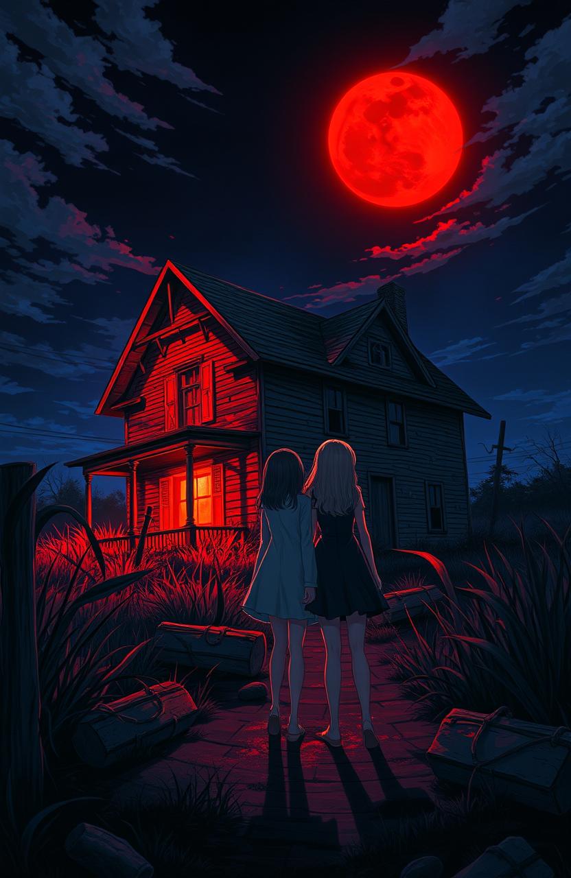 A haunting scene set at night with an eerie, abandoned house illuminated by a dark red moonlight