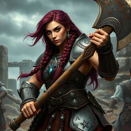 A fierce and strong dwarf warrior with deep wine-colored hair, fiercely holding a massive axe in one hand