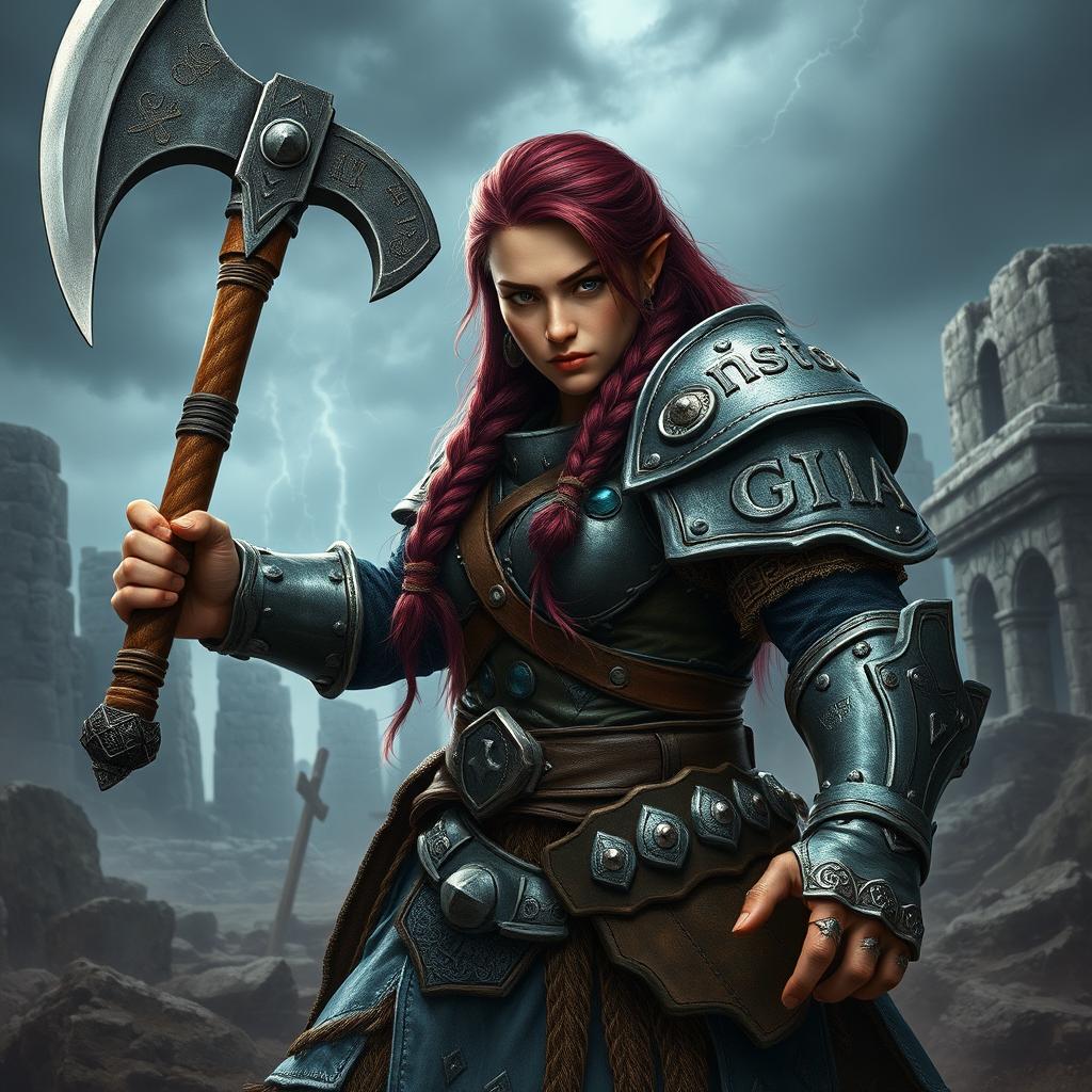 A fierce and strong dwarf warrior with deep wine-colored hair, fiercely holding a massive axe in one hand