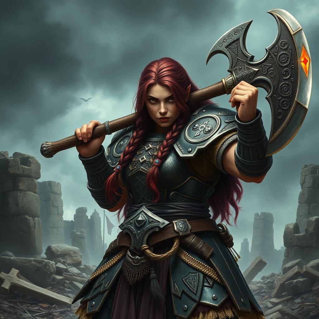 A fierce and strong dwarf warrior with deep wine-colored hair, fiercely holding a massive axe in one hand