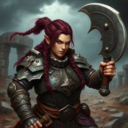 A fierce and strong dwarf warrior with deep wine-colored hair, fiercely holding a massive axe in one hand