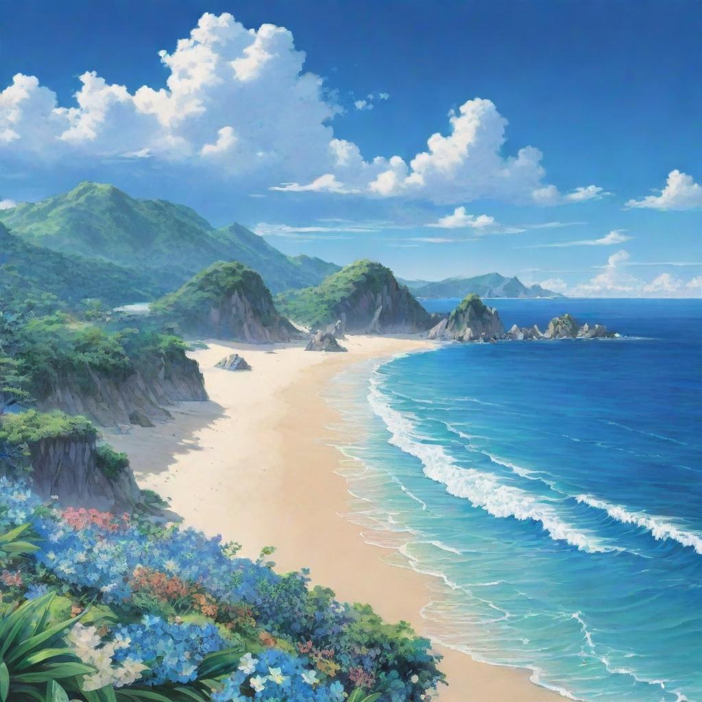 A breathtaking coastal landscape in Japanese anime style, featuring pristine beaches, vibrant blue waters and an enchanting sky, with distinct and detailed flora enveloping the scene.