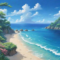 A breathtaking coastal landscape in Japanese anime style, featuring pristine beaches, vibrant blue waters and an enchanting sky, with distinct and detailed flora enveloping the scene.